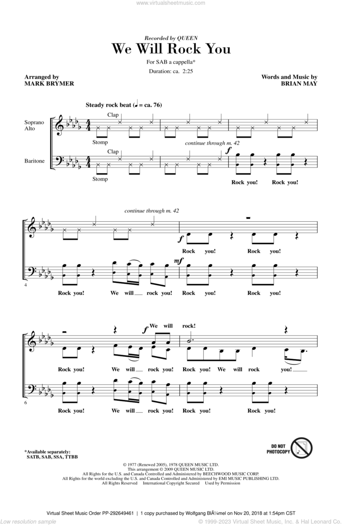 We Will Rock You (arr. Mark Brymer) sheet music for choir (SAB: soprano, alto, bass) by Mark Brymer and Queen, intermediate skill level