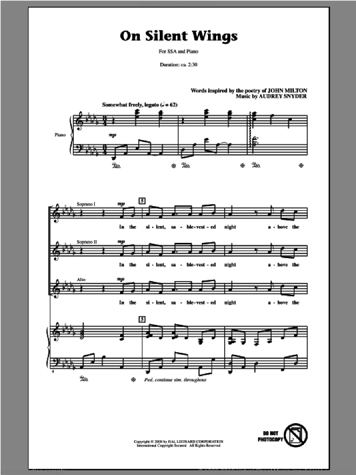 On Silent Wings sheet music for choir (SSA: soprano, alto) by Audrey Snyder, intermediate skill level