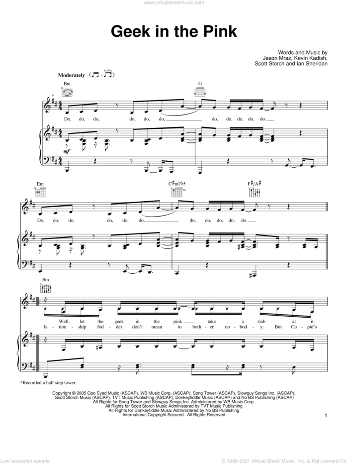 Geek In The Pink sheet music for voice, piano or guitar by Jason Mraz, Ian Sheridan, Kevin Kadish and Scott Storch, intermediate skill level