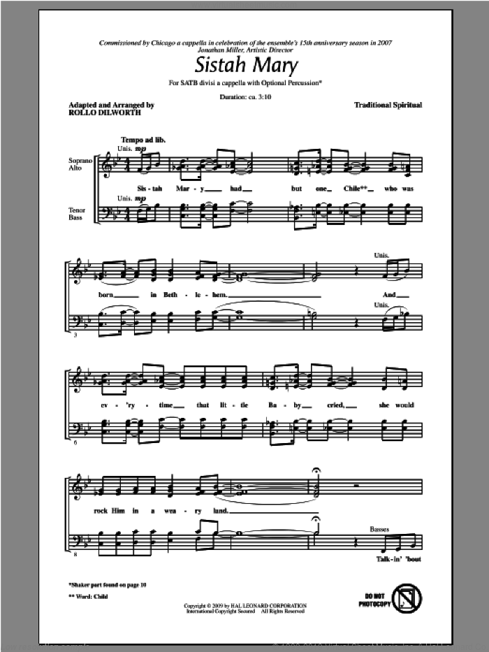 Sistah Mary sheet music for choir (SATB: soprano, alto, tenor, bass) by Rollo Dilworth, intermediate skill level