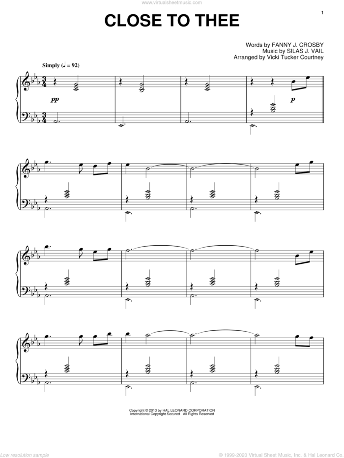 Close To Thee sheet music for piano solo by Vicki Tucker Courtney, intermediate skill level