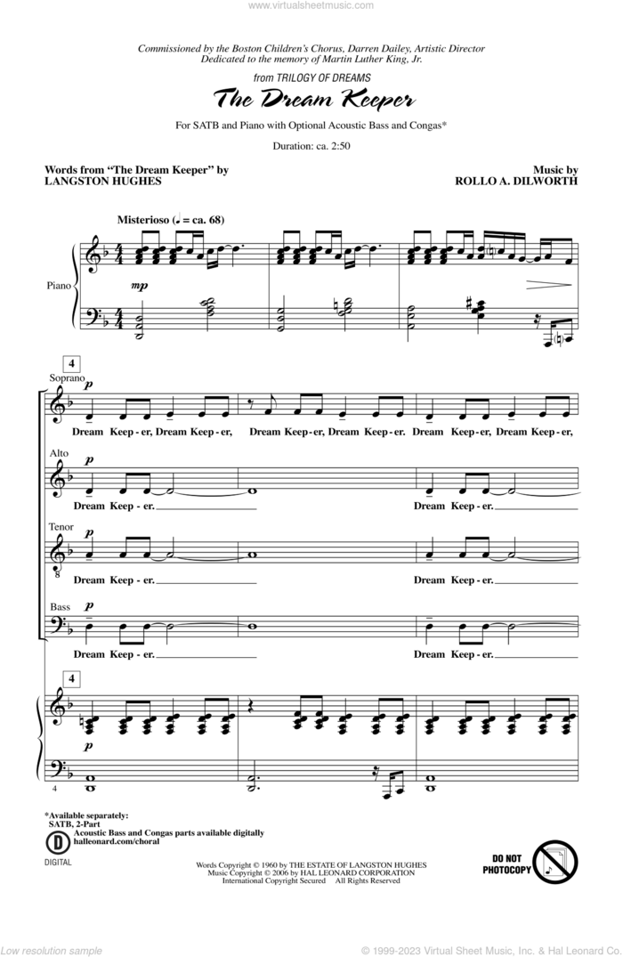 The Dream Keeper (from Trilogy of Dreams) sheet music for choir (SATB: soprano, alto, tenor, bass) by Rollo Dilworth and Langston Hughes, intermediate skill level