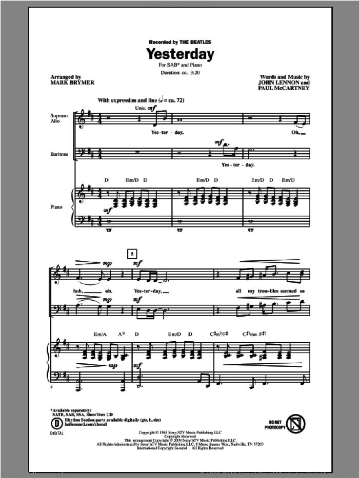 Yesterday sheet music for choir (SAB: soprano, alto, bass) by Mark Brymer, intermediate skill level