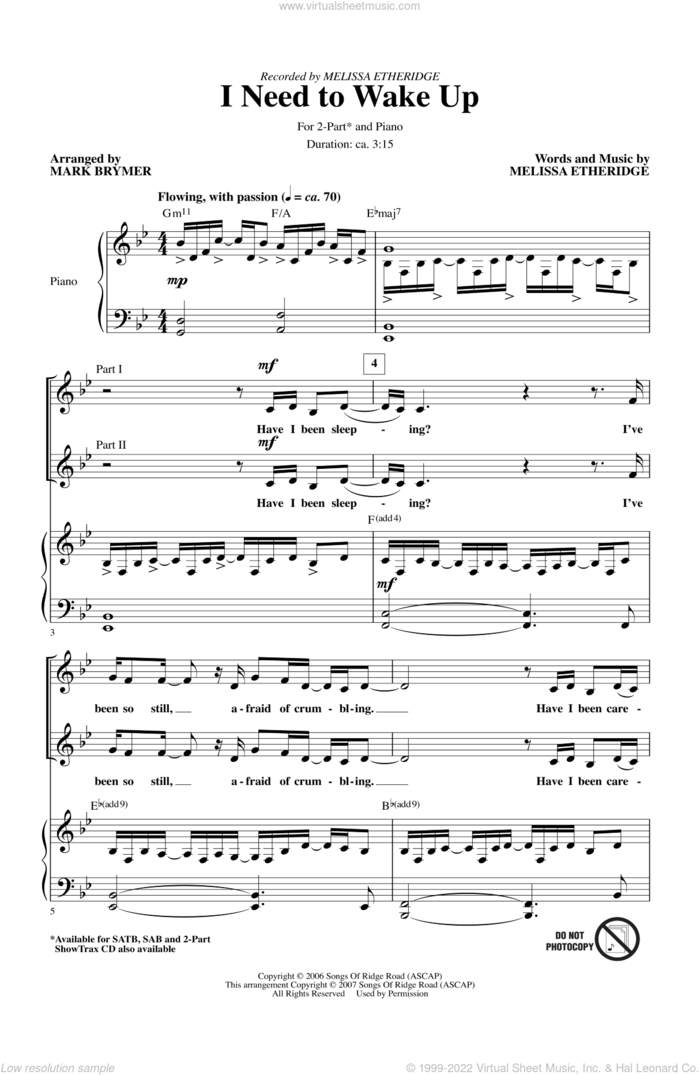 I Need To Wake Up sheet music for choir (2-Part) by Mark Brymer and Melissa Etheridge, intermediate duet