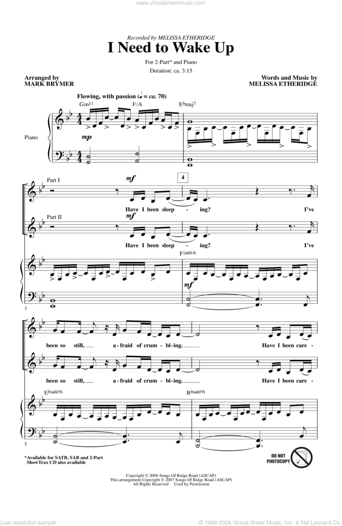 I Need To Wake Up sheet music for choir (2-Part) by Mark Brymer and Melissa Etheridge, intermediate duet