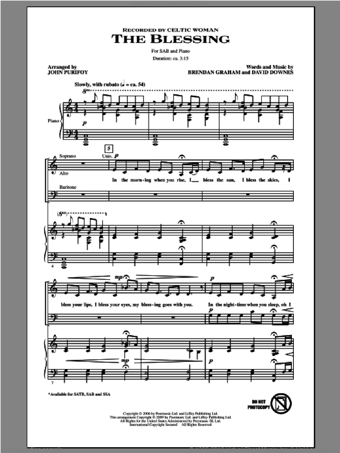 The Blessing (arr. John Purifoy) sheet music for choir (SAB: soprano, alto, bass) by John Purifoy, Brendan Graham, Celtic Woman and David Downes, intermediate skill level