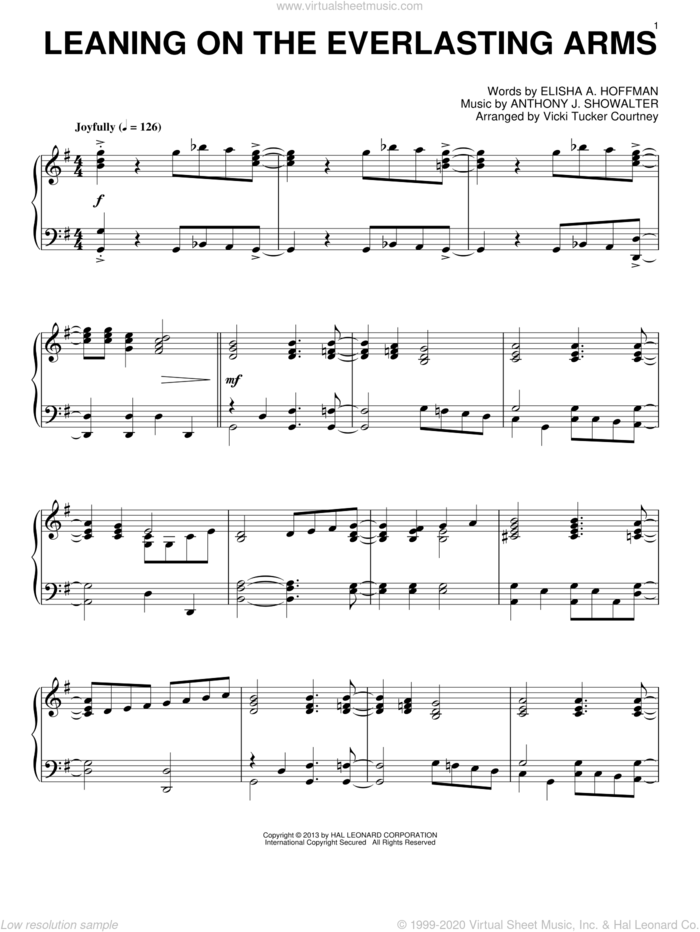 Leaning On The Everlasting Arms sheet music for piano solo by Vicki Tucker Courtney, intermediate skill level