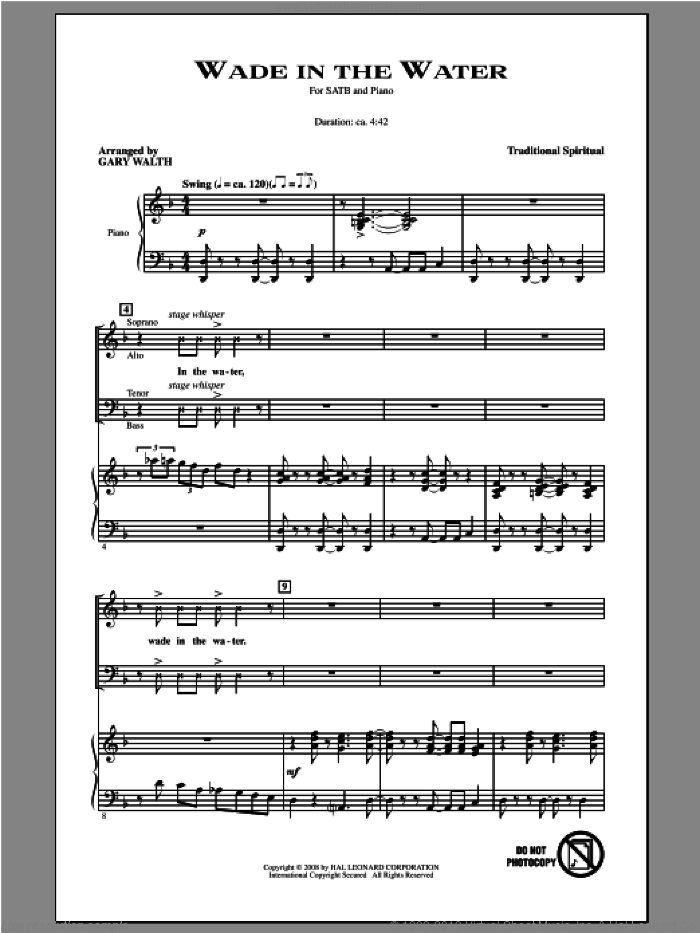 Wade In The Water sheet music for choir (SATB: soprano, alto, tenor, bass) by Gary Walth, intermediate skill level