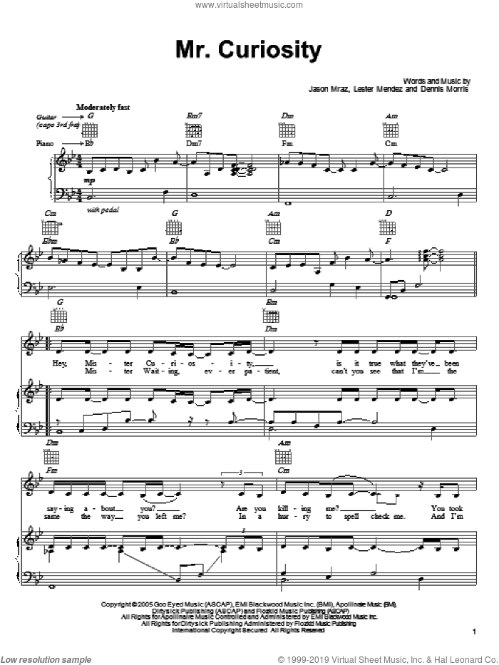 Mr. Curiosity sheet music for voice, piano or guitar by Jason Mraz, Dennis Morris and Lester Mendez, intermediate skill level