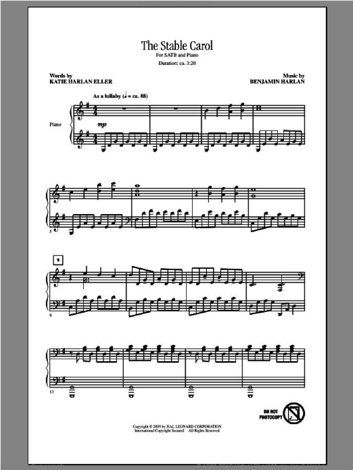 The Stable Carol sheet music for choir (SATB: soprano, alto, tenor, bass) by Benjamin Harlan, intermediate skill level