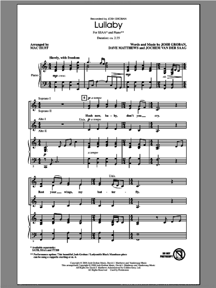 Lullaby sheet music for choir (SSAA: soprano, alto) by Mac Huff and Josh Groban, intermediate skill level