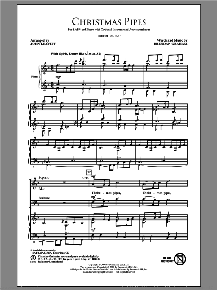 Christmas Pipes sheet music for choir (SAB: soprano, alto, bass) by John Leavitt and Brendan Graham, intermediate skill level