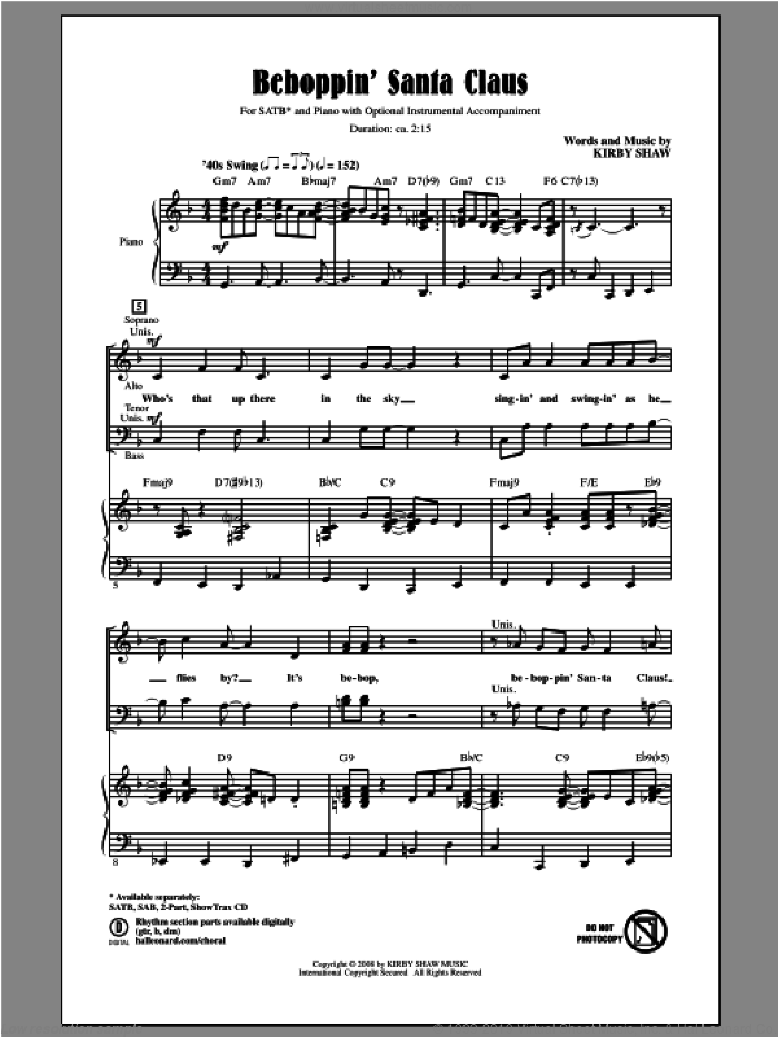 Beboppin' Santa Claus sheet music for choir (SATB: soprano, alto, tenor, bass) by Kirby Shaw, intermediate skill level