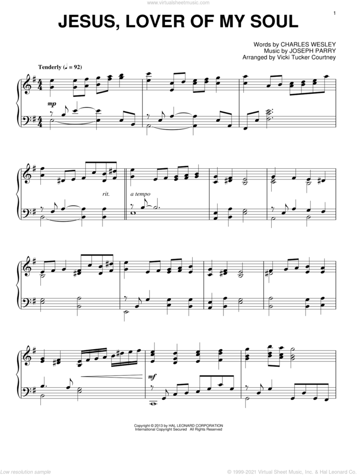 Jesus, Lover Of My Soul sheet music for piano solo by Vicki Tucker Courtney, intermediate skill level
