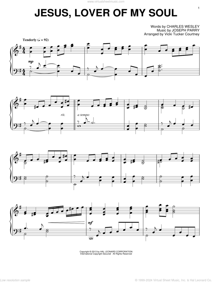 Jesus, Lover Of My Soul sheet music for piano solo by Vicki Tucker Courtney, intermediate skill level