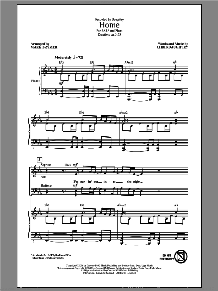 Home sheet music for choir (SAB: soprano, alto, bass) by Mark Brymer, Chris Daughtry and Daughtry, intermediate skill level