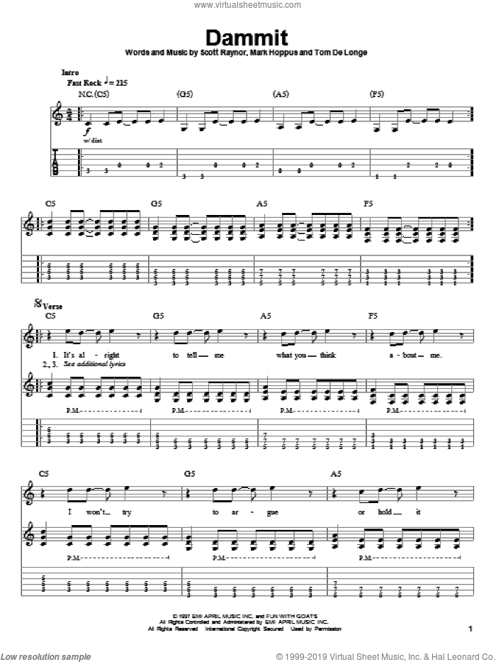 Dammit sheet music for guitar (tablature, play-along) by Blink-182, Mark Hoppus, Scott Raynor and Tom DeLonge, intermediate skill level