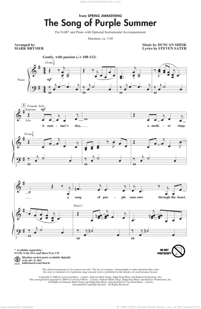 The Song Of Purple Summer sheet music for choir (SAB: soprano, alto, bass) by Mark Brymer, intermediate skill level
