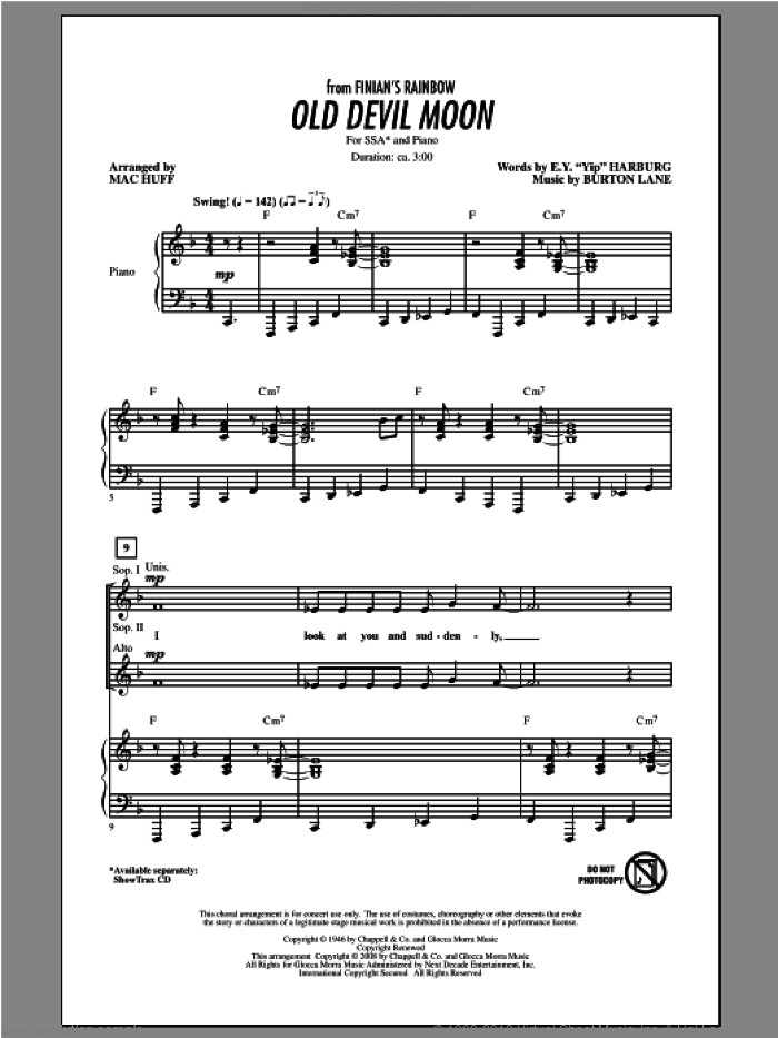 Old Devil Moon sheet music for choir (SSA: soprano, alto) by Mac Huff, intermediate skill level