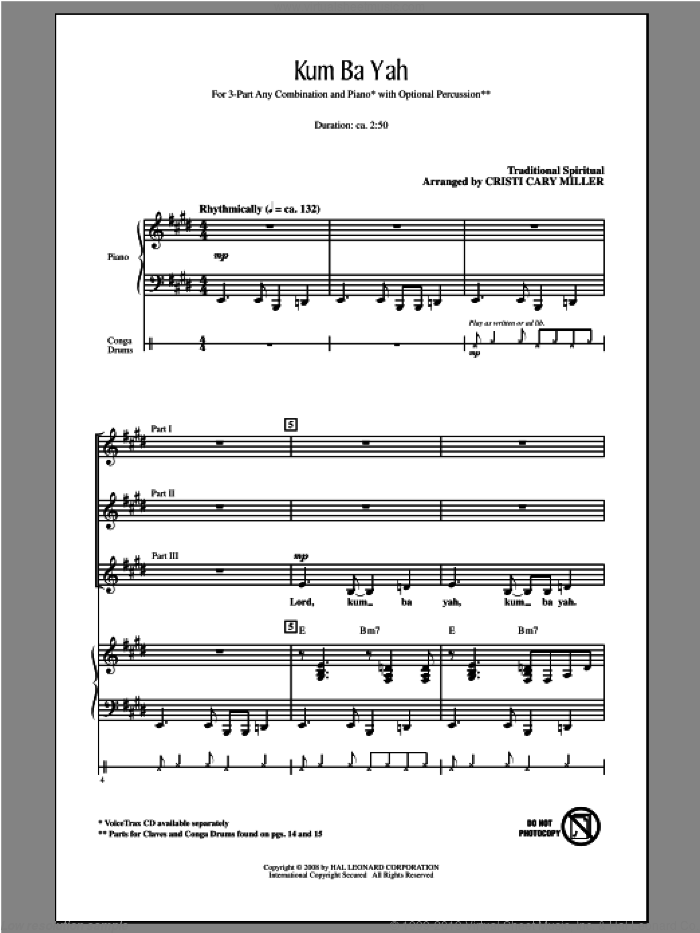 Kum Ba Yah sheet music for choir (3-Part Mixed) by Cristi Cary Miller, intermediate skill level