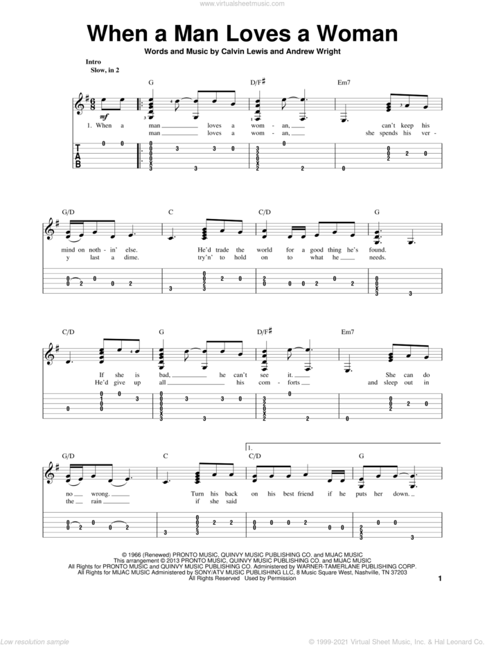 When A Man Loves A Woman sheet music for guitar solo by Percy Sledge, intermediate skill level