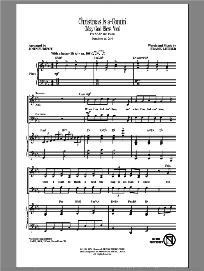 Christmas Is A-Comin' (May God Bless You) sheet music for choir (SAB: soprano, alto, bass) by John Purifoy and Frank Luther, intermediate skill level