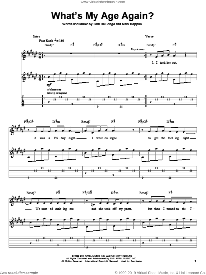 What's My Age Again? sheet music for guitar (tablature, play-along) by Blink-182, Mark Hoppus and Tom DeLonge, intermediate skill level