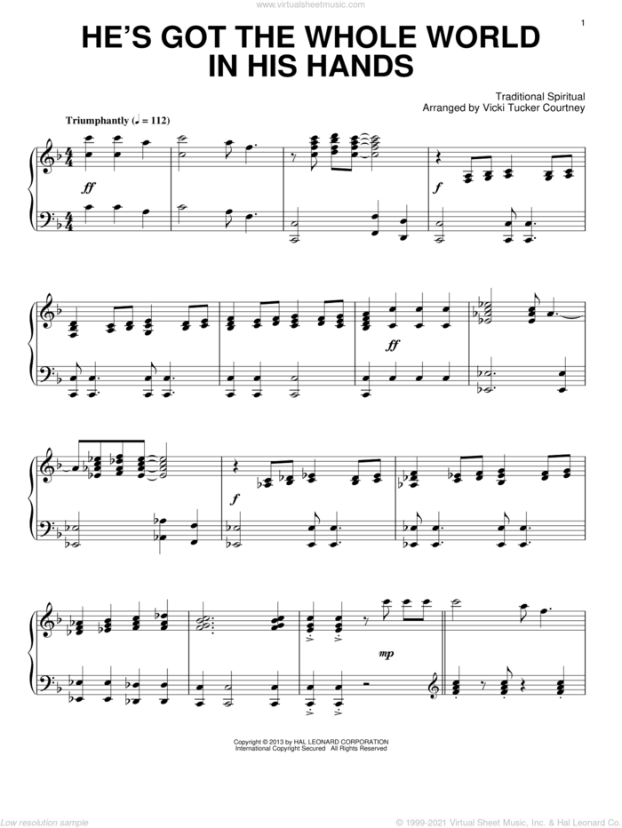 He's Got The Whole World In His Hands sheet music for piano solo by Vicki Tucker Courtney, intermediate skill level