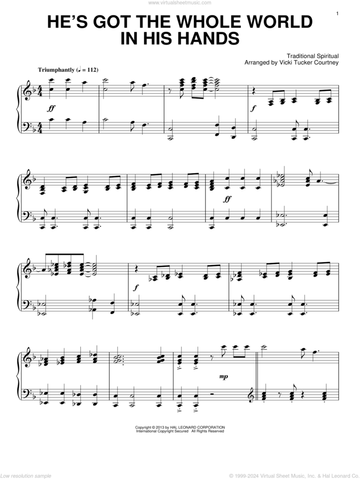 He's Got The Whole World In His Hands sheet music for piano solo by Vicki Tucker Courtney, intermediate skill level