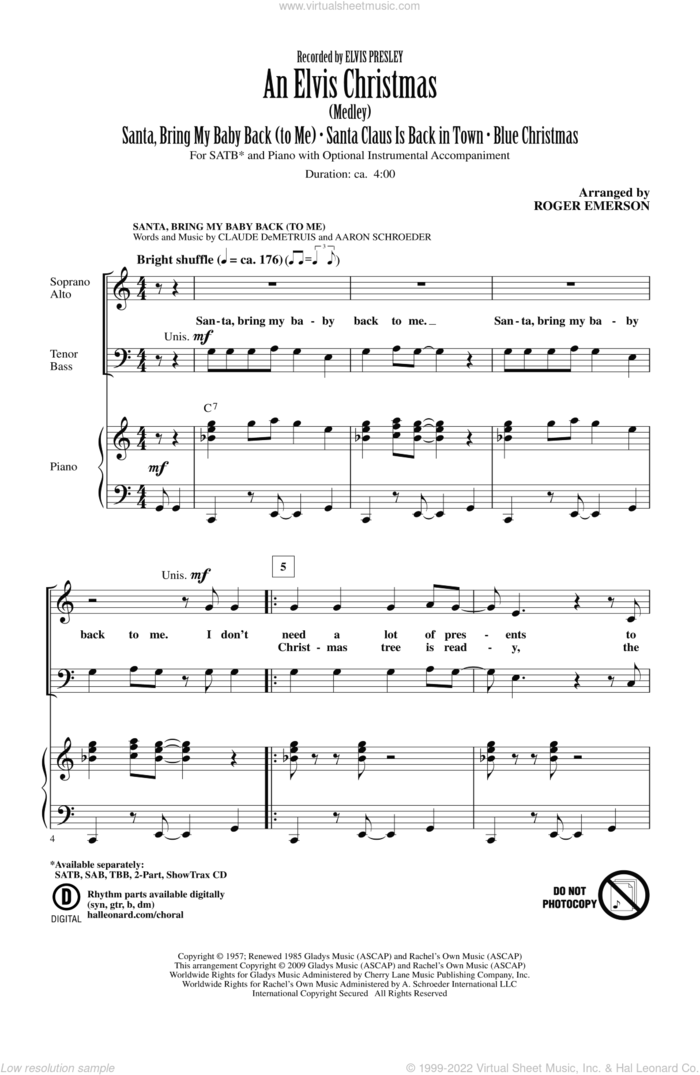 An Elvis Christmas sheet music for choir (SATB: soprano, alto, tenor, bass) by Elvis Presley and Roger Emerson, intermediate skill level
