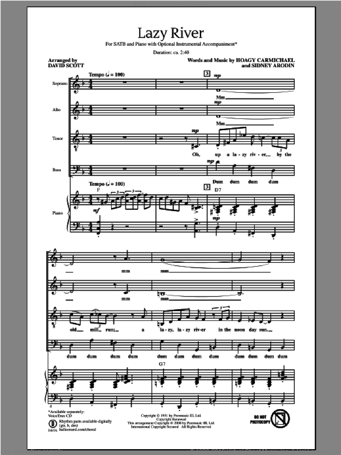 Lazy River sheet music for choir (SATB: soprano, alto, tenor, bass) by Hoagy Carmichael and David Scott, intermediate skill level
