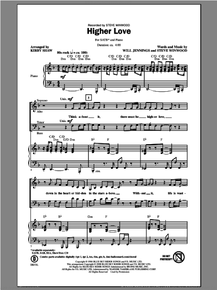 Higher Love sheet music for choir (SATB: soprano, alto, tenor, bass) by Kirby Shaw and Steve Winwood, intermediate skill level