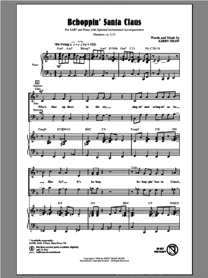 Beboppin' Santa Claus sheet music for choir (SAB: soprano, alto, bass) by Kirby Shaw, intermediate skill level