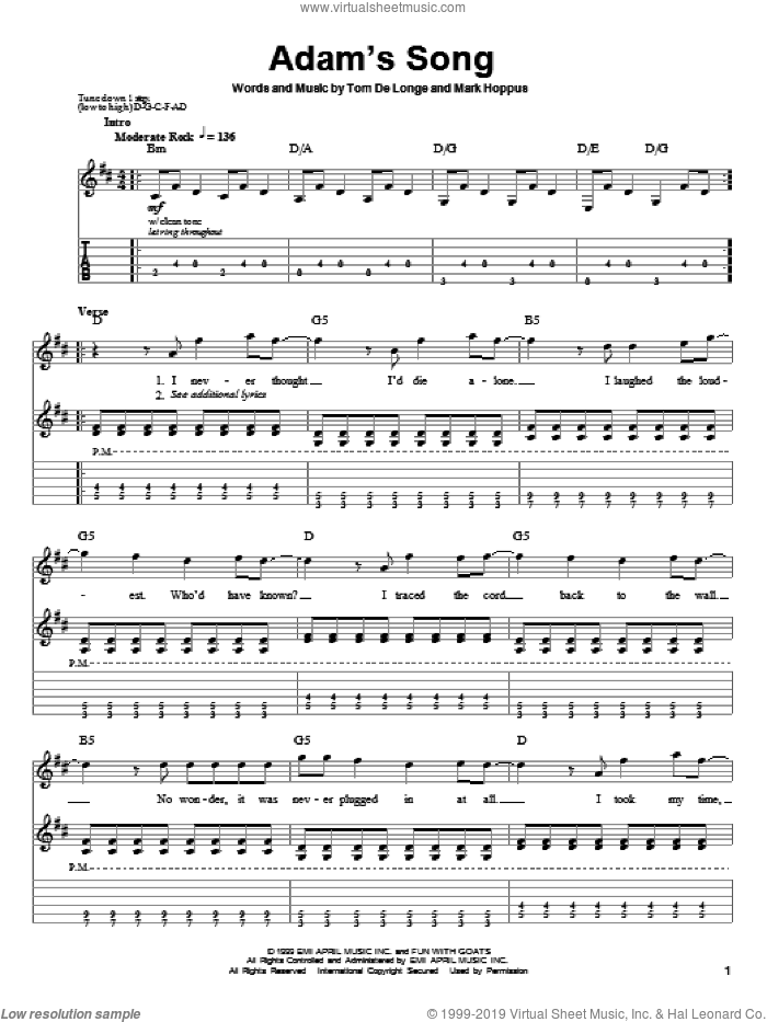 Adam's Song sheet music for guitar (tablature, play-along) by Blink-182, Mark Hoppus and Tom DeLonge, intermediate skill level
