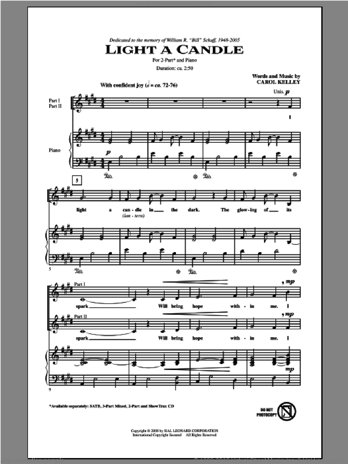 Light A Candle sheet music for choir (2-Part) by Carol Kelley, intermediate duet