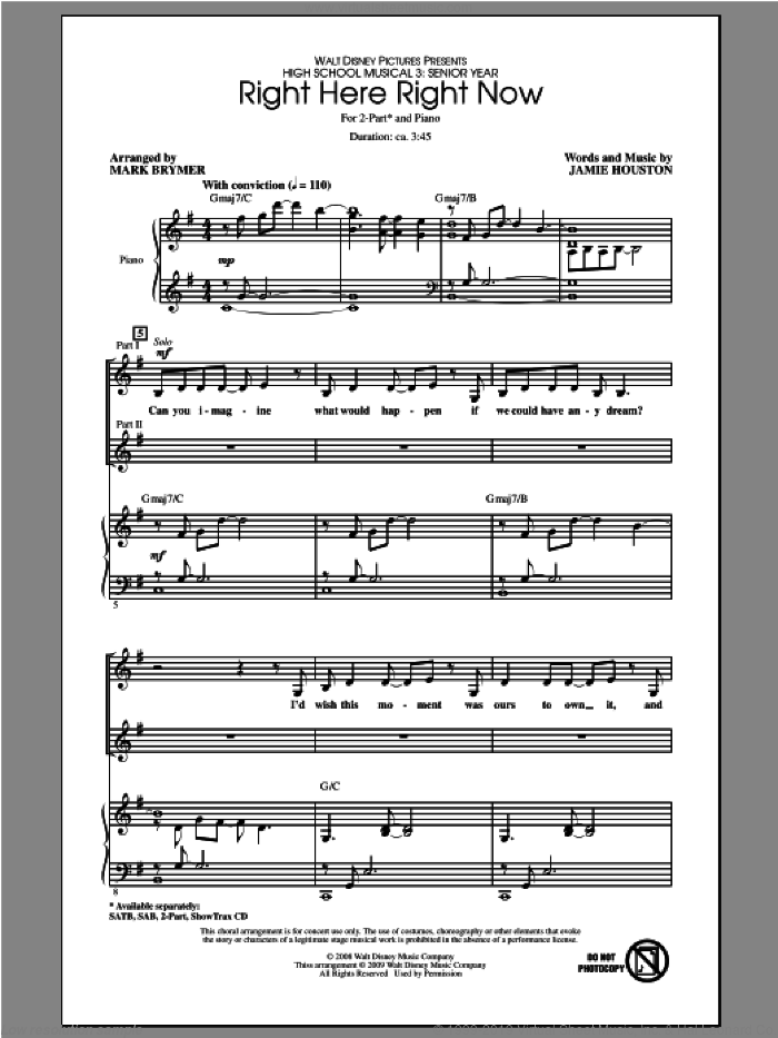 Right Here Right Now (from High School Musical 3) sheet music for choir (2-Part) by Mark Brymer, intermediate duet