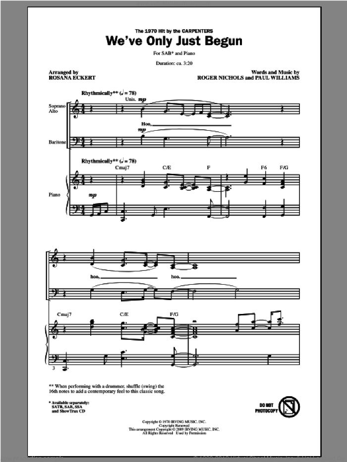 We've Only Just Begun sheet music for choir (SAB: soprano, alto, bass) by Rosana Eckert, intermediate skill level