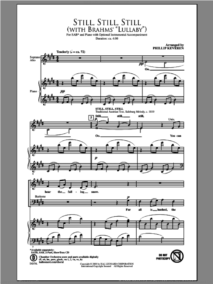 Still, Still, Still (with Brahm's Lullaby) sheet music for choir (SAB: soprano, alto, bass) by Phillip Keveren and Johannes Brahms, intermediate skill level