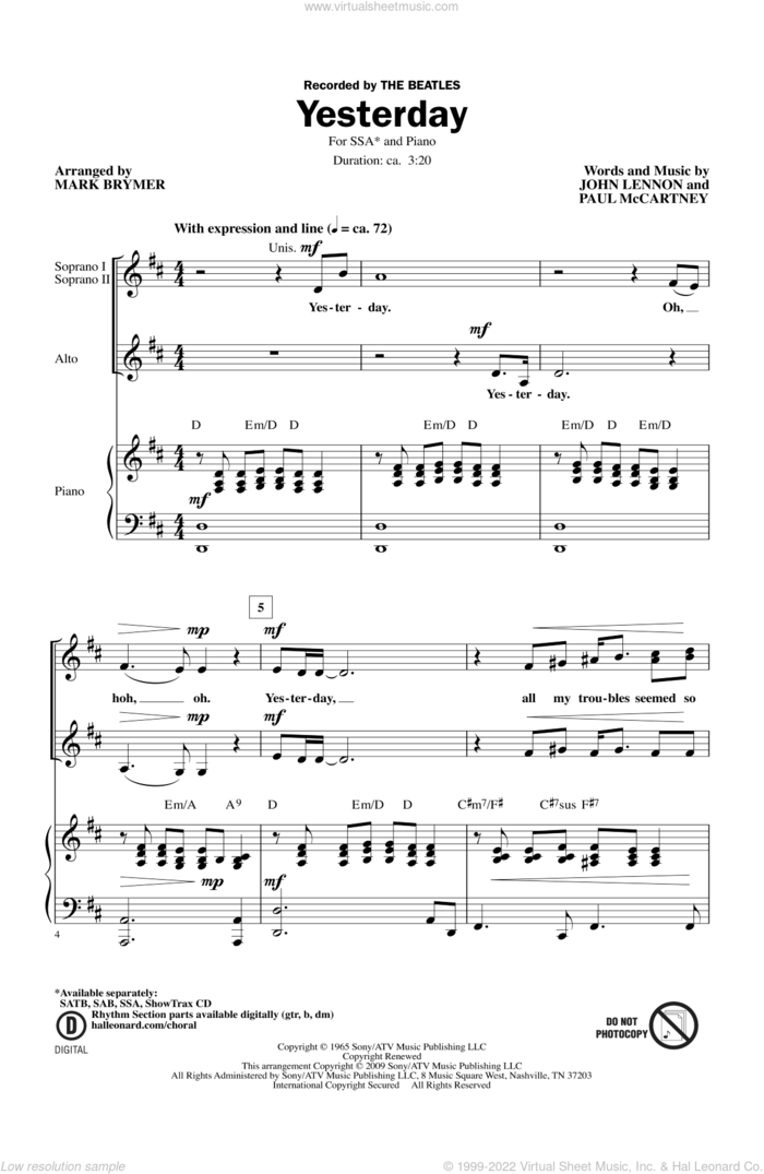 Yesterday sheet music for choir (SSA: soprano, alto) by Mark Brymer, intermediate skill level