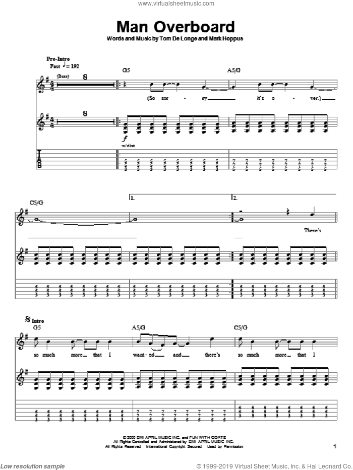 Man Overboard sheet music for guitar (tablature, play-along) by Blink-182, Mark Hoppus and Tom DeLonge, intermediate skill level
