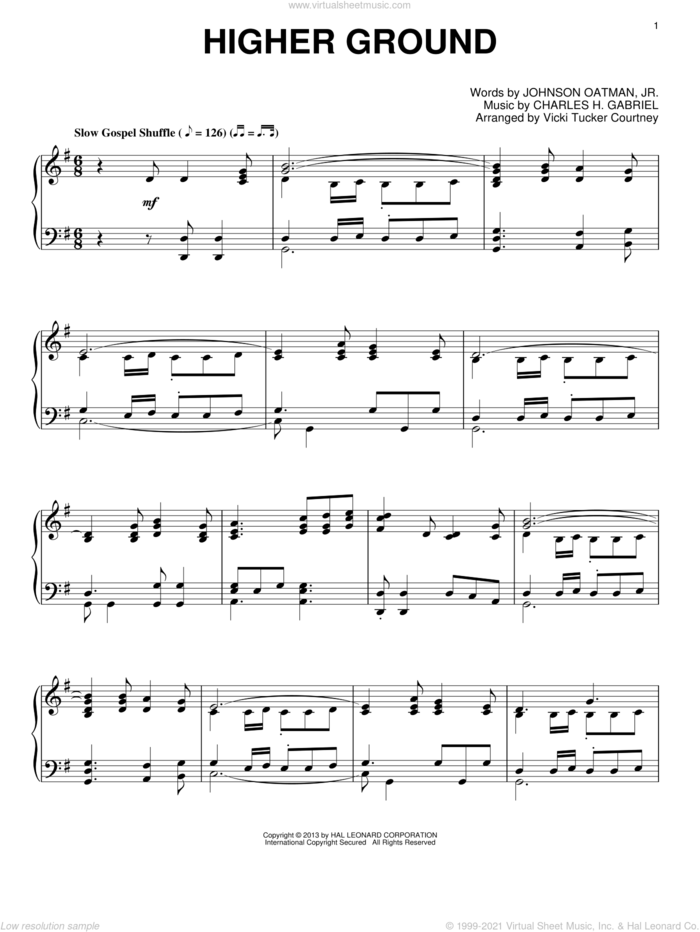 Higher Ground sheet music for piano solo by Vicki Tucker Courtney, intermediate skill level