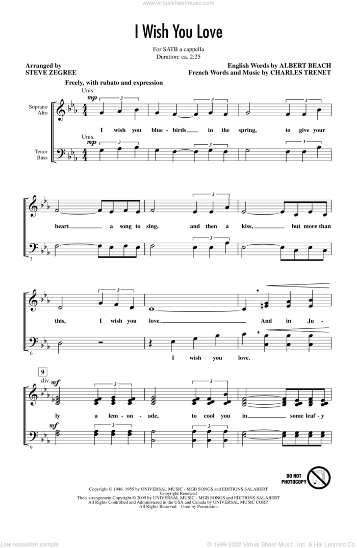 I Wish You Love sheet music for choir (SATB: soprano, alto, tenor, bass) by Steve Zegree, intermediate skill level