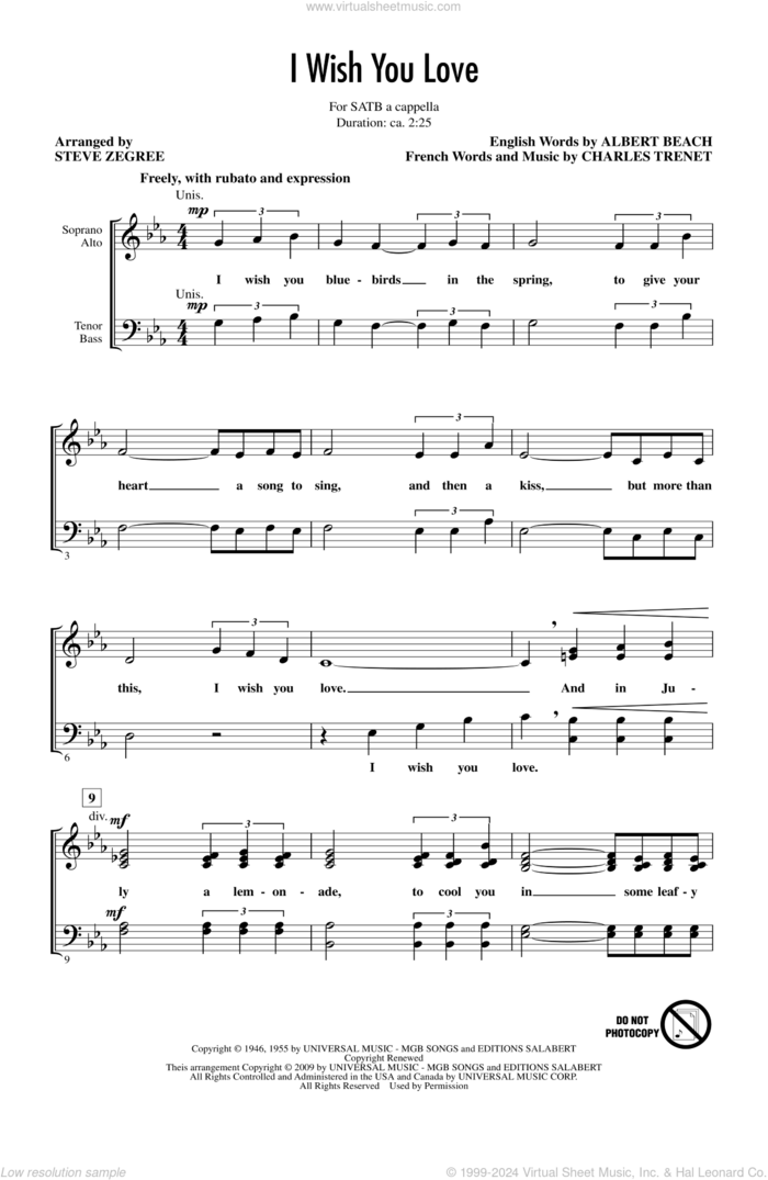 I Wish You Love sheet music for choir (SATB: soprano, alto, tenor, bass) by Steve Zegree, intermediate skill level