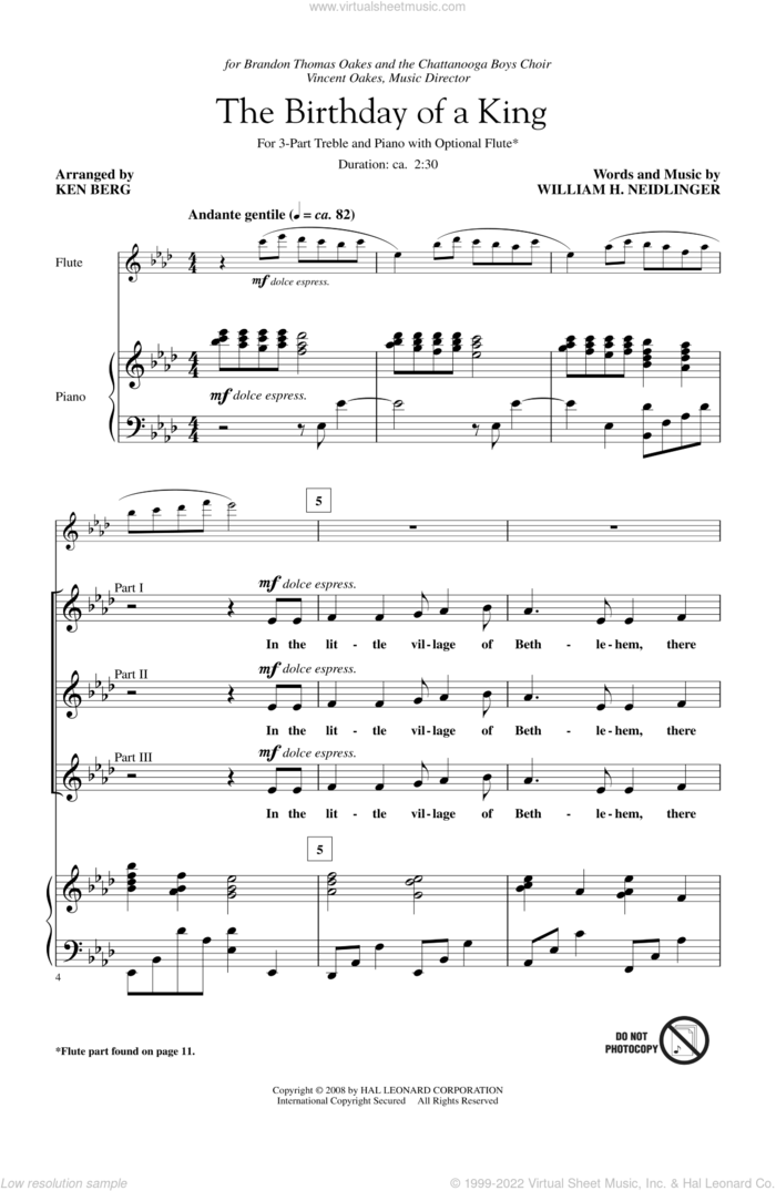 The Birthday Of A King sheet music for choir (3-Part Treble) by Ken Berg and William Harold Neidlinger, intermediate skill level