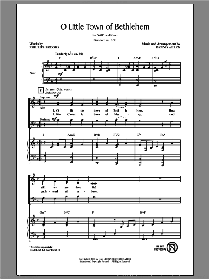 O Little Town of Bethlehem sheet music for choir (SAB: soprano, alto, bass) by Dennis Allen, intermediate skill level