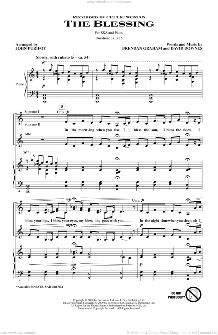 The Blessing (arr. John Purifoy) sheet music for choir (SSA: soprano, alto) by John Purifoy, Brendan Graham, Celtic Woman and David Downes, intermediate skill level