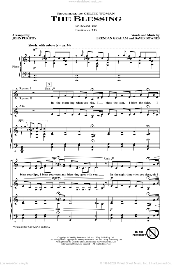 The Blessing (arr. John Purifoy) sheet music for choir (SSA: soprano, alto) by John Purifoy, Brendan Graham, Celtic Woman and David Downes, intermediate skill level