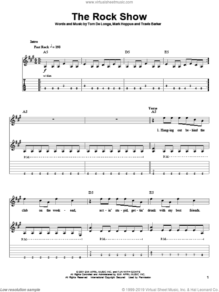 The Rock Show sheet music for guitar (tablature, play-along) by Blink-182, Mark Hoppus, Tom DeLonge and Travis Barker, intermediate skill level