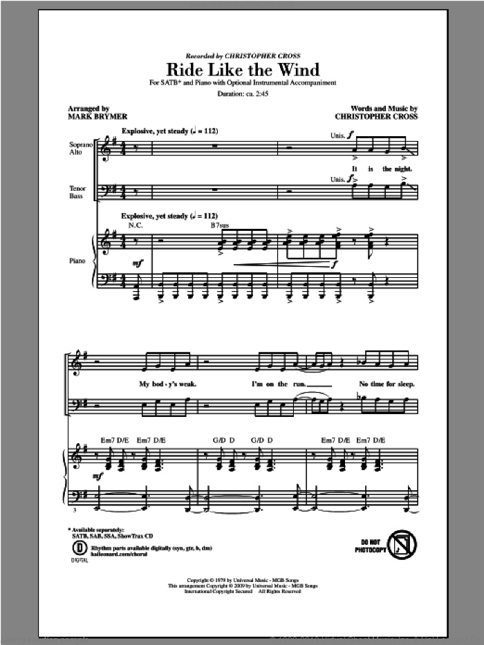 Ride Like The Wind sheet music for choir (SAB: soprano, alto, bass) by Mark Brymer and Christopher Cross, intermediate skill level