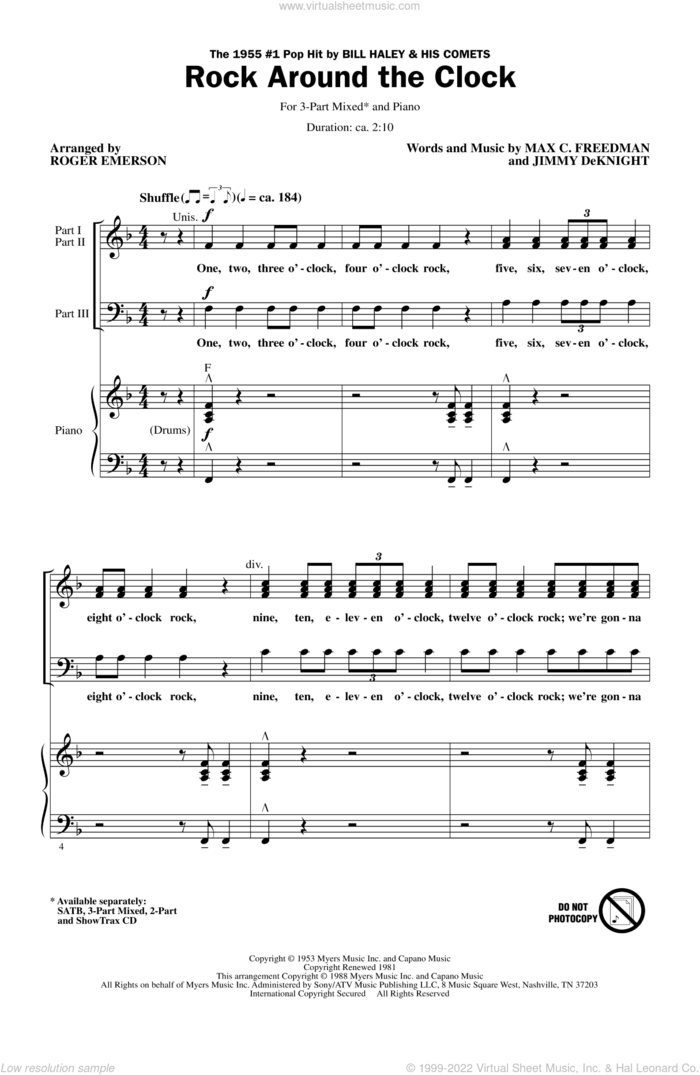 Rock Around The Clock sheet music for choir (3-Part Mixed) by Roger Emerson and Bill Haley & His Comets, intermediate skill level